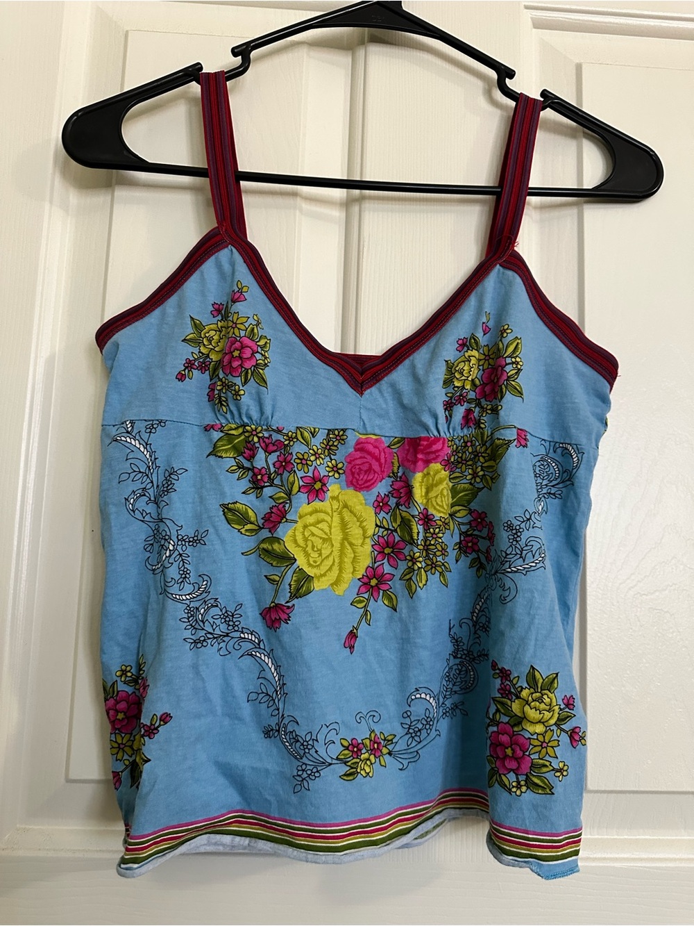 Free People Blue Floral V-Neck Cami with Pink and Yellow Blooms